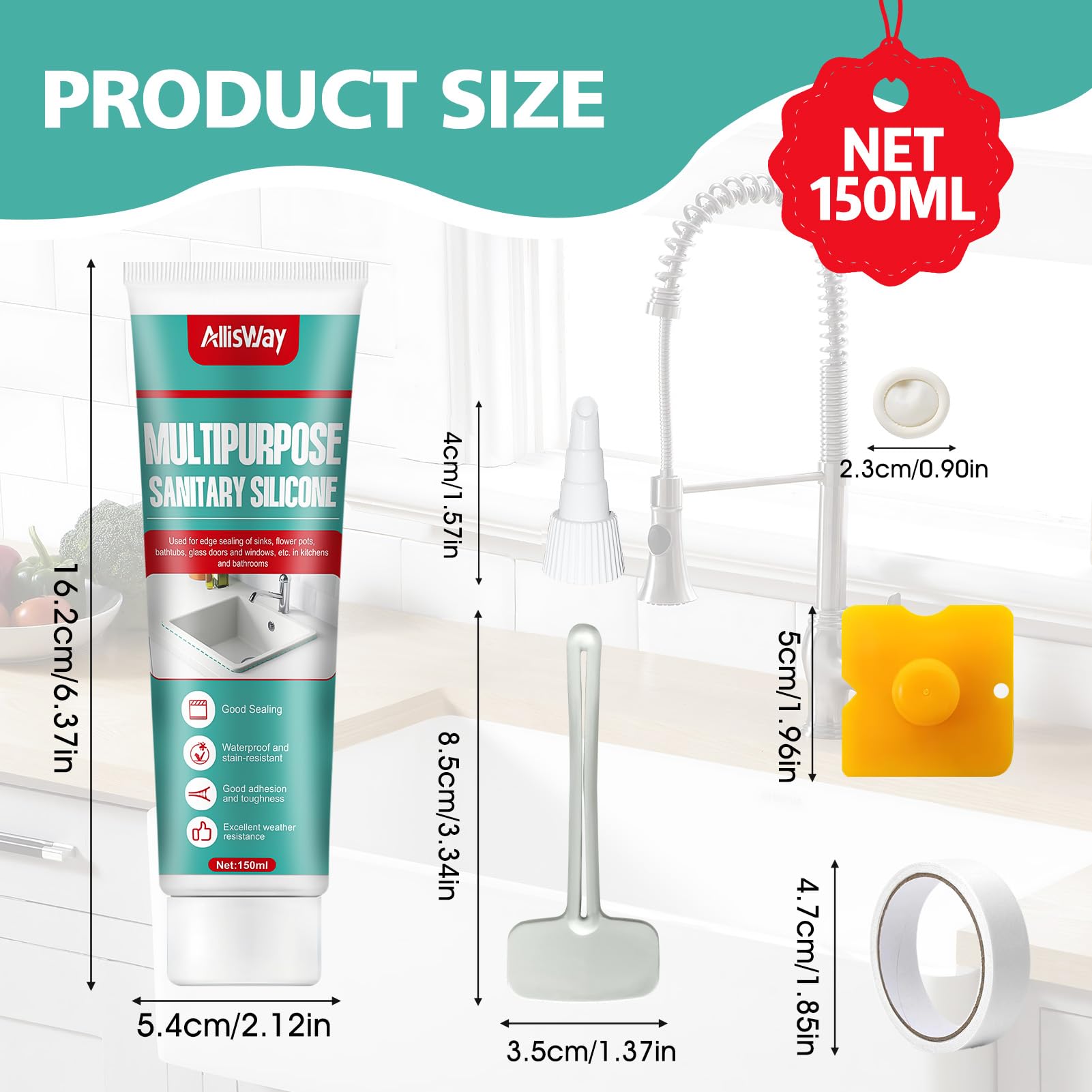 150ml Silicone Trasparente Sigillante, Silicone Bagno,Sigillante Impermeabile, Adatto per Lavelli da Cucina, Bagni, WC e Bordi Piscina, Trasparente