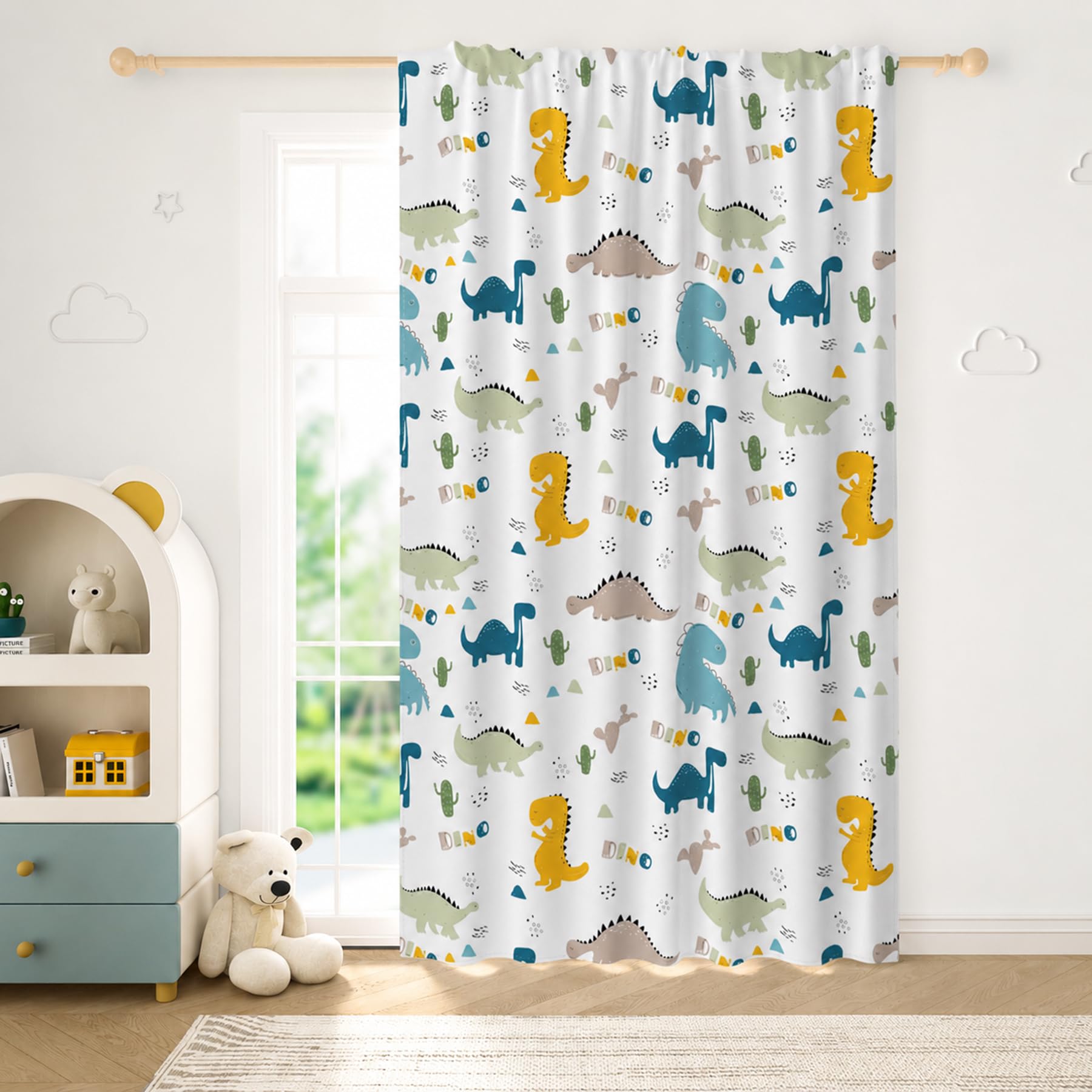 Rideau dino chambre enfant garçon YONGFOTO semi-transparent scandinave 107x160cm