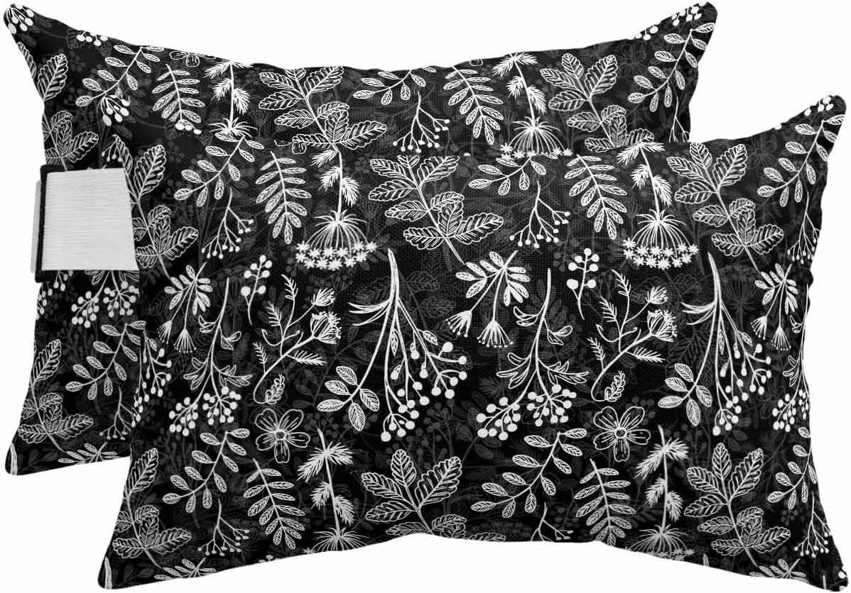 Pack of 2 Botanical Flowers Lumbar Pillow Covers, Outdoor Waterproof Throw Pillow Covers Set, Daisies Lavender Black and White Decorative Cushion Case for Patio Beach, 12x20 Inch