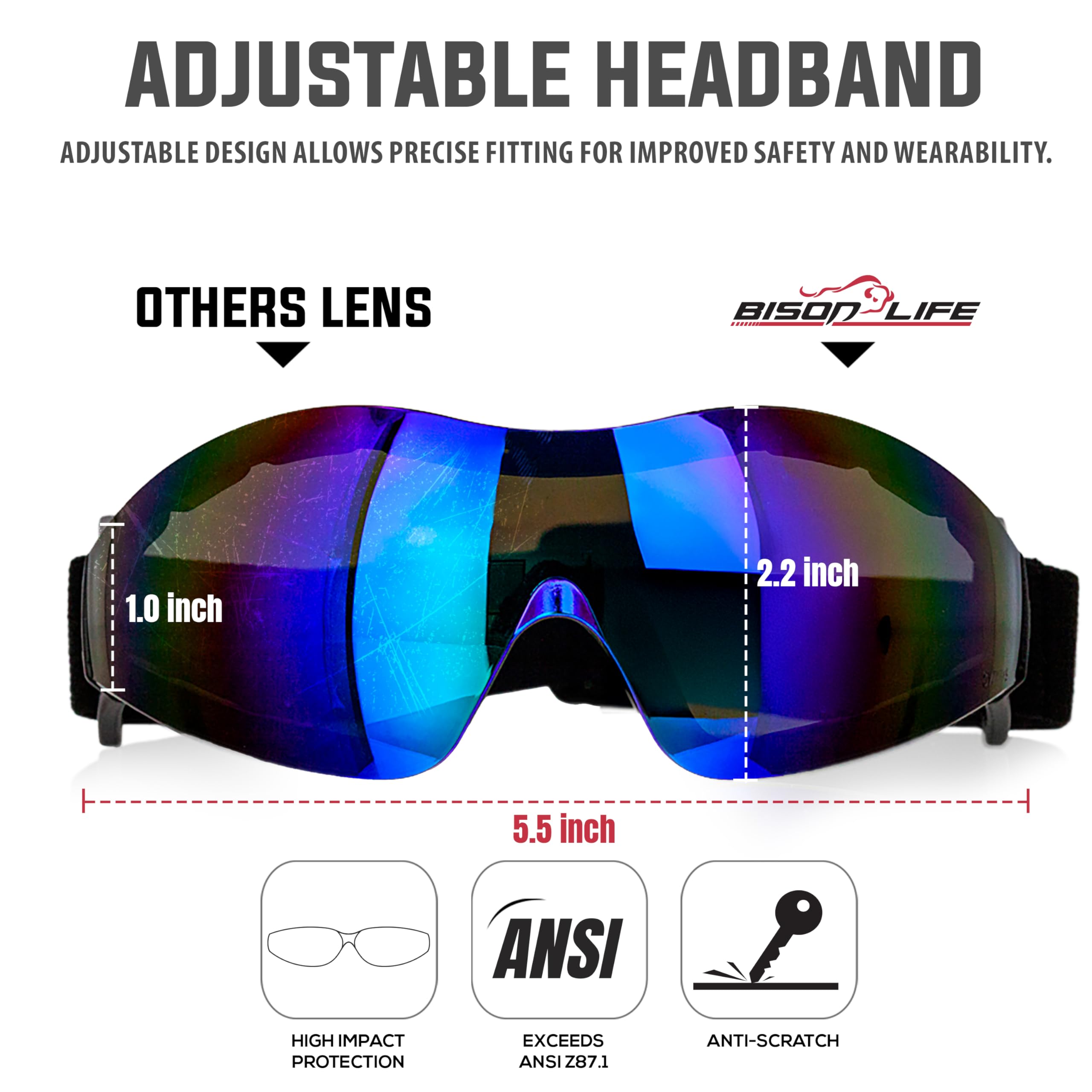 BISON LIFE Mirage - Gafas de seguridad antivaho con banda elástica ajustable y bolsa protectora, gafas de protección UV para actividades al aire libre, espejo azul, gafas ventiladas a prueba de polvo