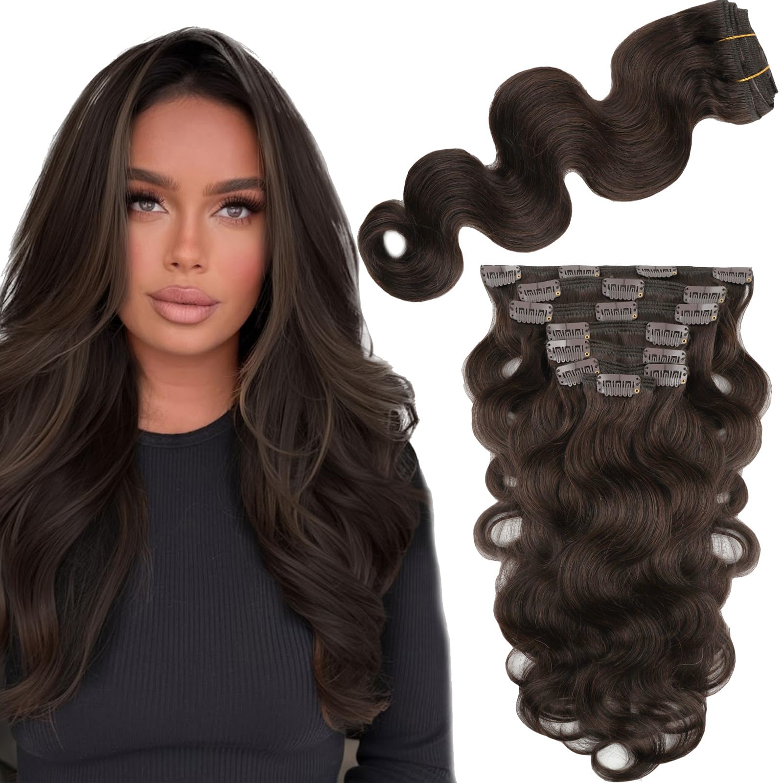 Sassina Body Wave Clip in Remy Human Hair Extensions Double Weft Clip ins Real Human Hair Dark Brown Wave Thick Invisible Hair Extensions Clip ins