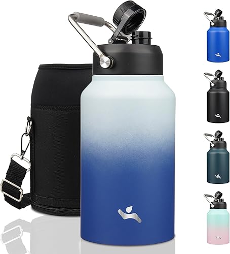 Miniatura 26 de Jarra de medio galón con asa, botella de agua aislada de 64 oz con bolsa de transporte, botella de metal de acero inoxidable de doble pared con Día