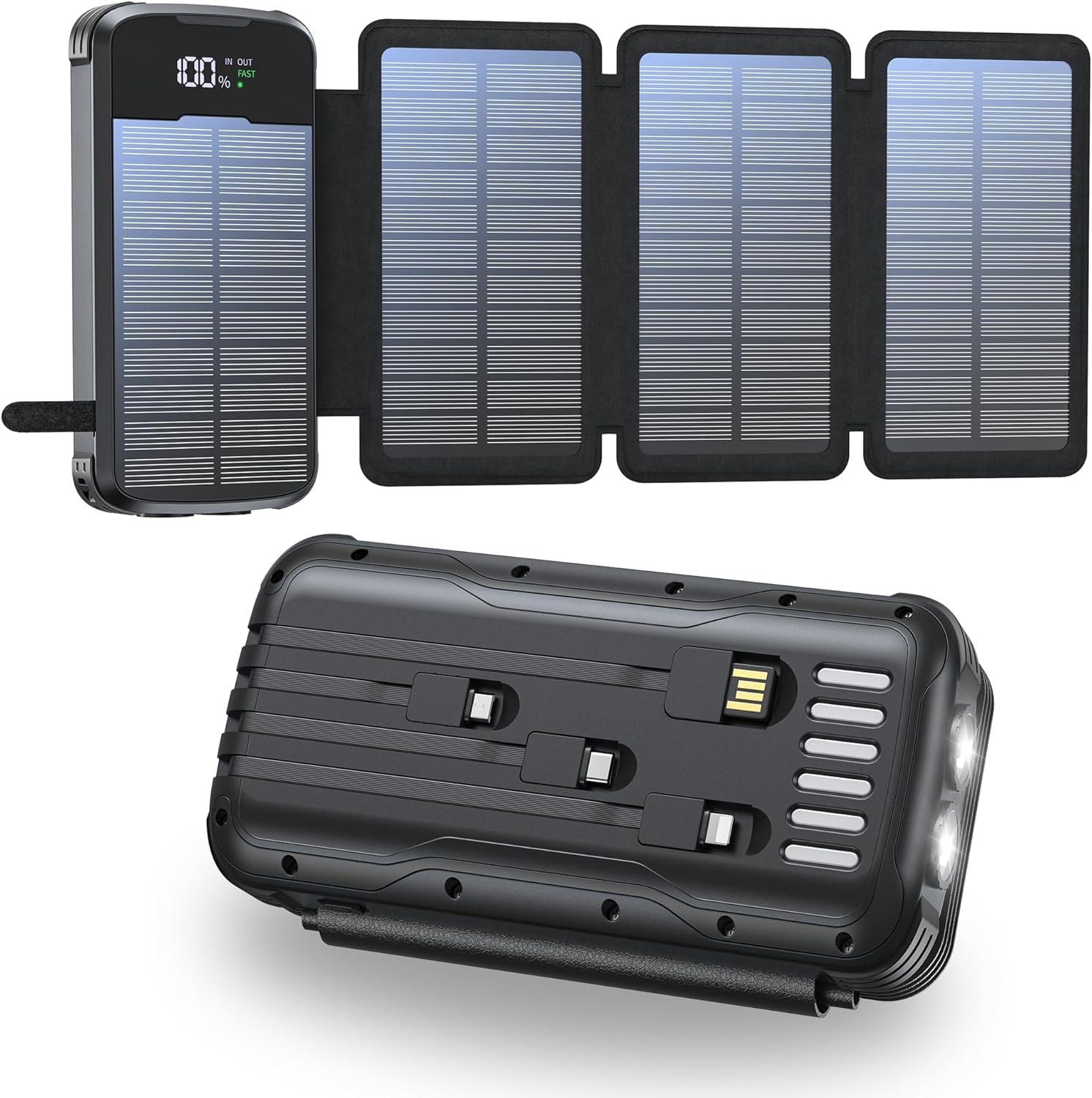 Power Bank Solare, 20000mAh Caricatore Portatile con 4 Caricatori Esterni Pieghevoli a Pannello Solare, 4 Cavi Integrati, Batteria Esterna della Banca di Energia Solare USB C con 2 Torce a LED