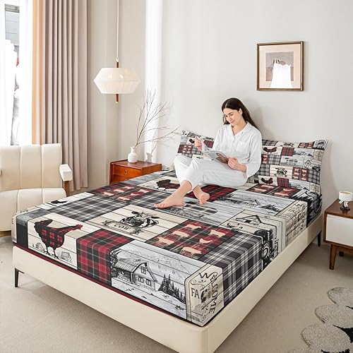 Miniatura 7 de Juego de sábanas rústicas de animales de granja retro, a cuadros, estilo granja, cabaña, tamaño Queen, diseño de oveja, pollo y vaca, sábana bajera