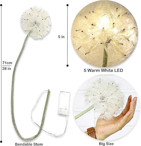 Miniatura 5 de TOPIA Flores artificiales de diente de león con luces LED con temporizador, flores artificiales de diente de león para deseos, flores artificiales