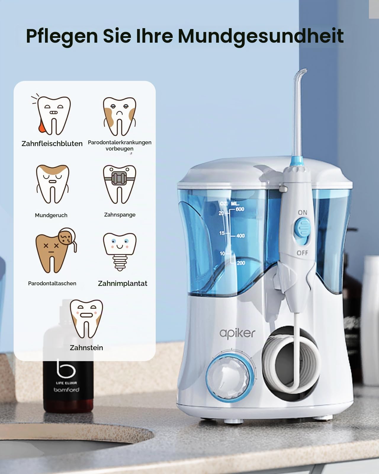 Apiker Munddusche​​ mit 10 Druckstufen– ​​Power Water Flosser​​ mit 8 Düsen (Zahnspange/Zunge/Nase) –5x Stärker als Zahnbürsten– 600ml Zahndusche ​​Mundspülung Elektrisch & ​​Oral Irrigator
