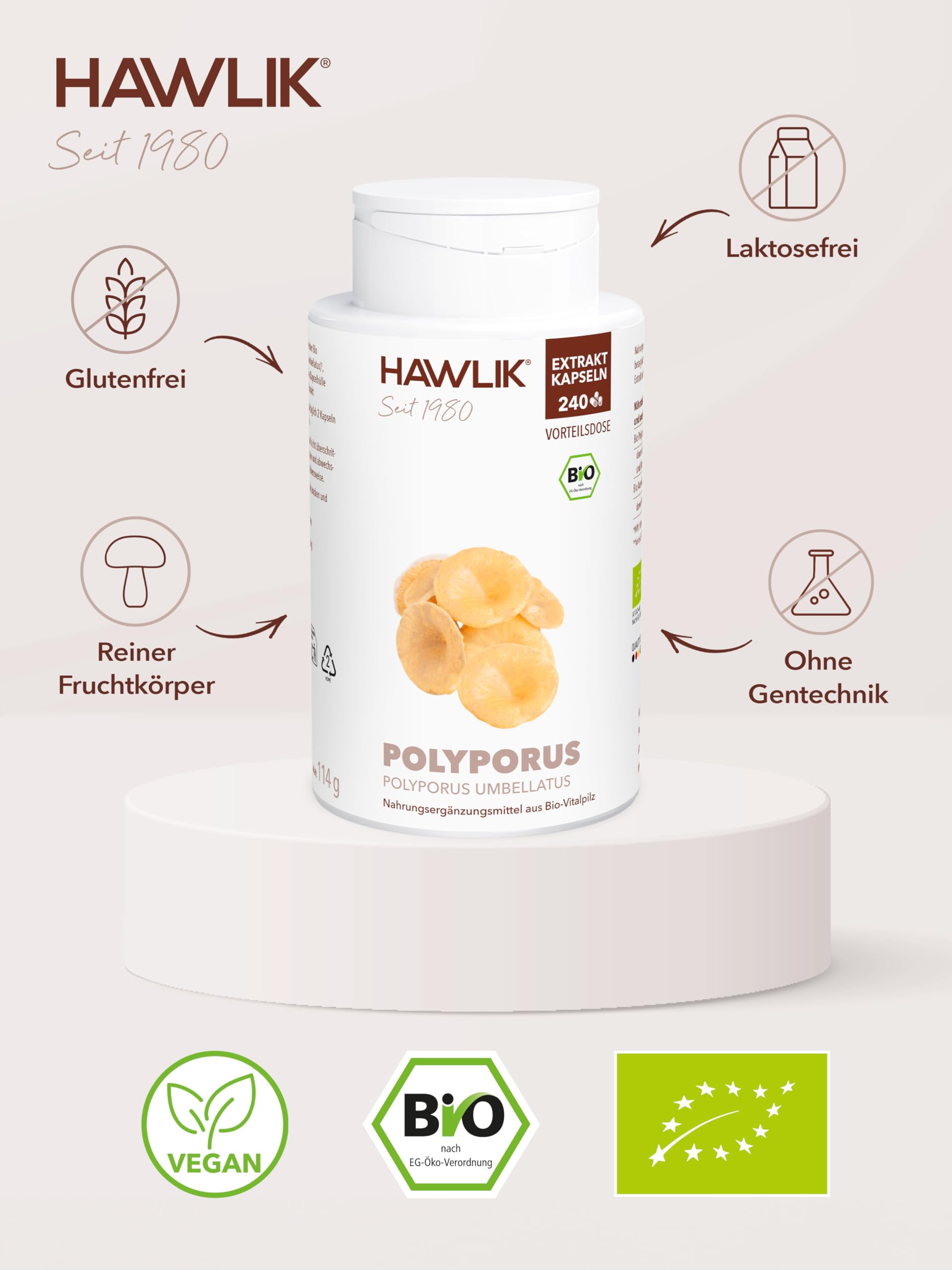 HAWLIK Vitalpilze Polyporus Extrakt Kapseln - 240 Kapseln - Mit Vitamin C - Natürlicher Anbau - Vegan - Zuckerrohr-Dose