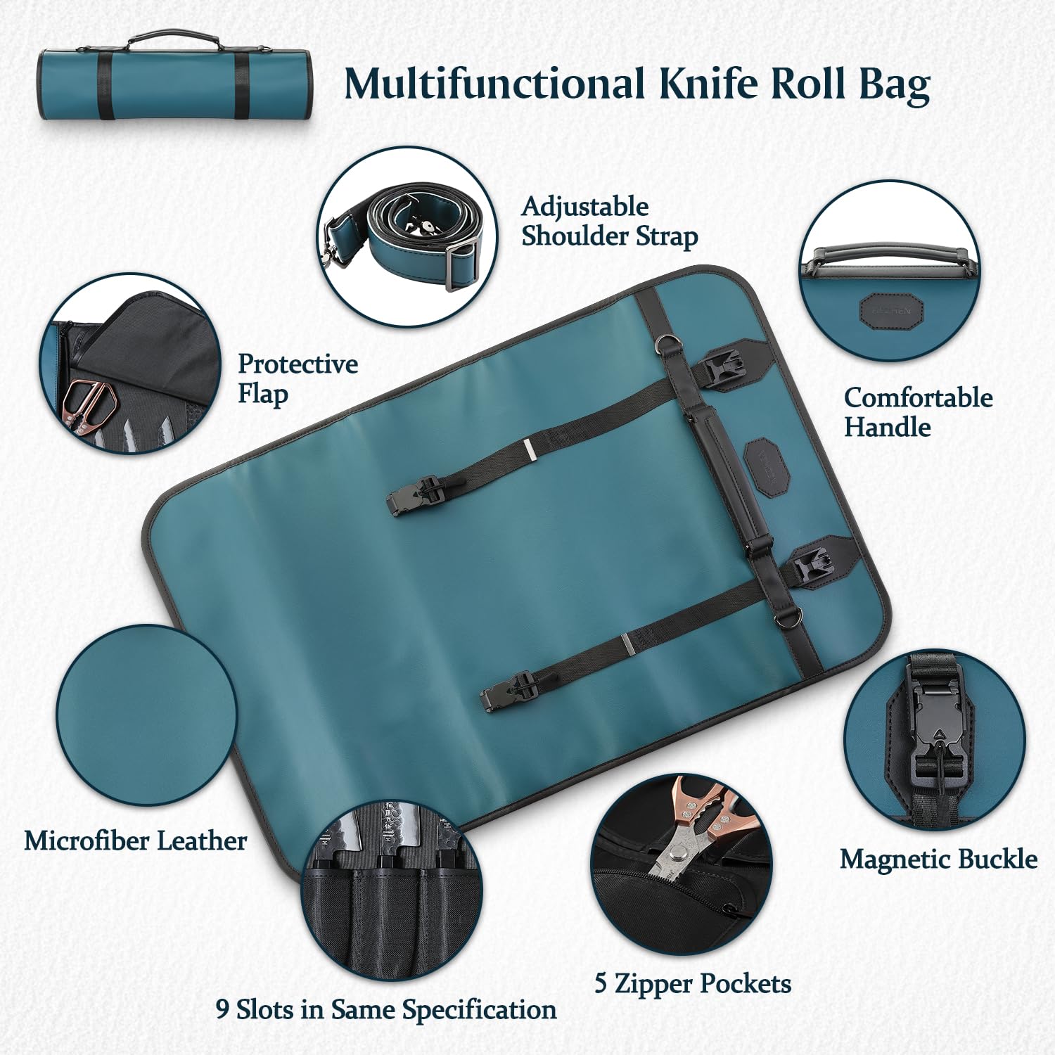 HEZHEN Bolsa para Cuchillos Profesional de Cuero(Sin Cuchillo)-Verde | Microfibra de Cuero,Correa Ajustable,9 Ranuras & 5 Bolsillos con Cremallera,Solapa Protectora-Viaje y Almacenaje