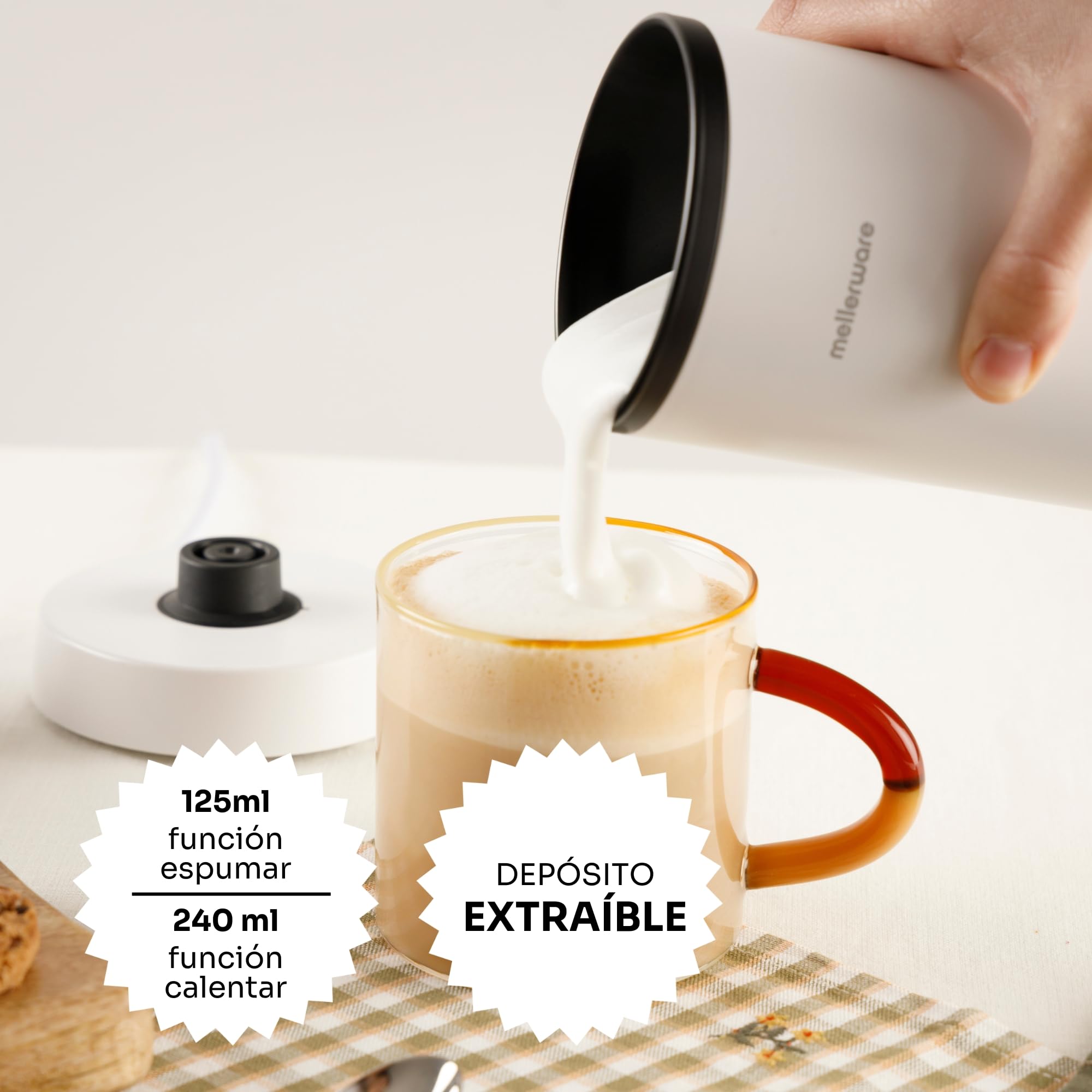 Mellerware - Espumador de Leche Frothy!600W | 250ml | 3en1 (Espuma Caliente/Fría, Calentar y Espumar) | Apagado automático | Calentador Café Latte Capuchino Chocolate | 360º | Blanco