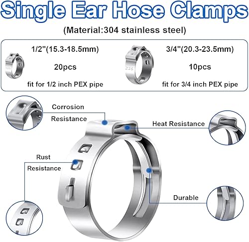 Miniatura 4 de Tnisesm Pex - Juego de herramientas de pinza de prensado con 20 abrazaderas PEX de 12 pulgada y 10 abrazaderas PEX de 34 pulgadas y cortador de