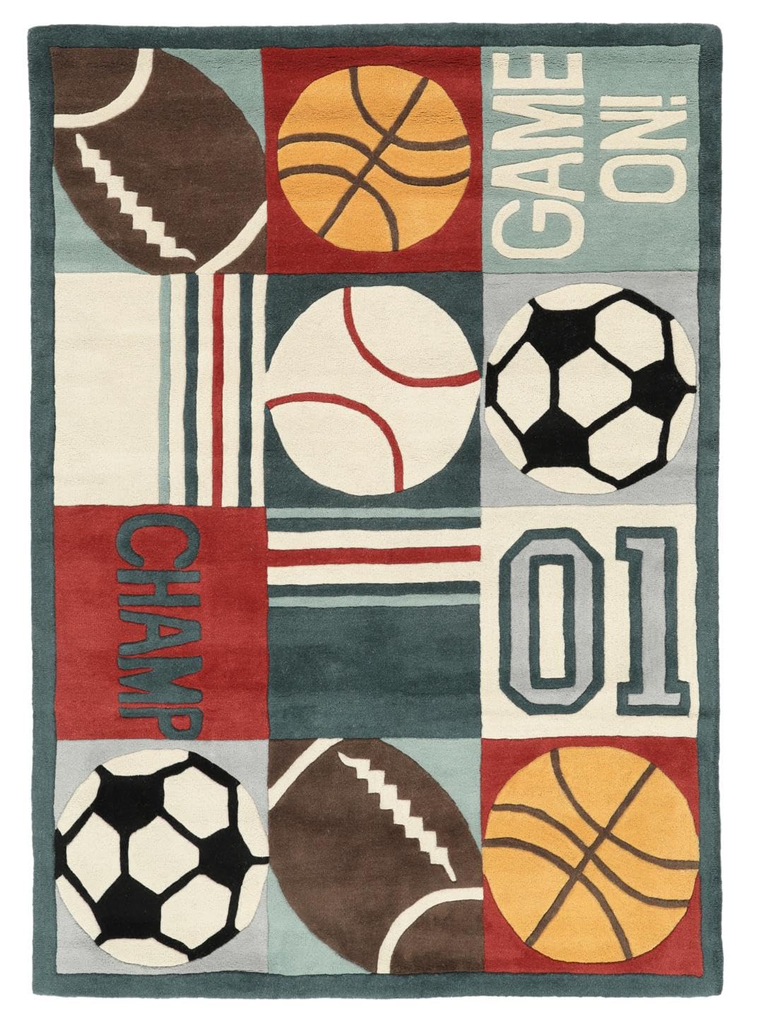 RugVista Game On Kinderteppich, 100 x 160 cm, Multi/Hell Blau | Rechteckig, Niedriger Stapel, Nur chemische Reinigung, Ohne gefährliche Chemikalien, Kinderzimmer
