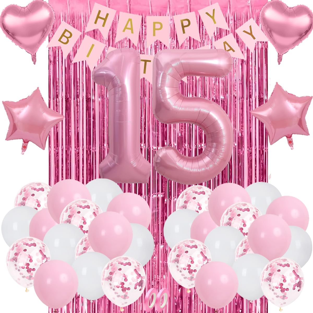 Sweet 15 Party Decorations Pink, 15th Birthday Decorations for Girls, Pink Sweet 15th Birthday Party Decoration for Her, 15th Happy Birthday Banner,