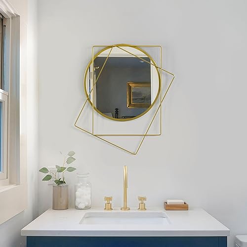 Miniatura 3 de Uniquewise Círculo decorativo con marco de metal dorado de 2 cuadrados montado en la pared espejo moderno sala de estar dormitorio tocador entrada