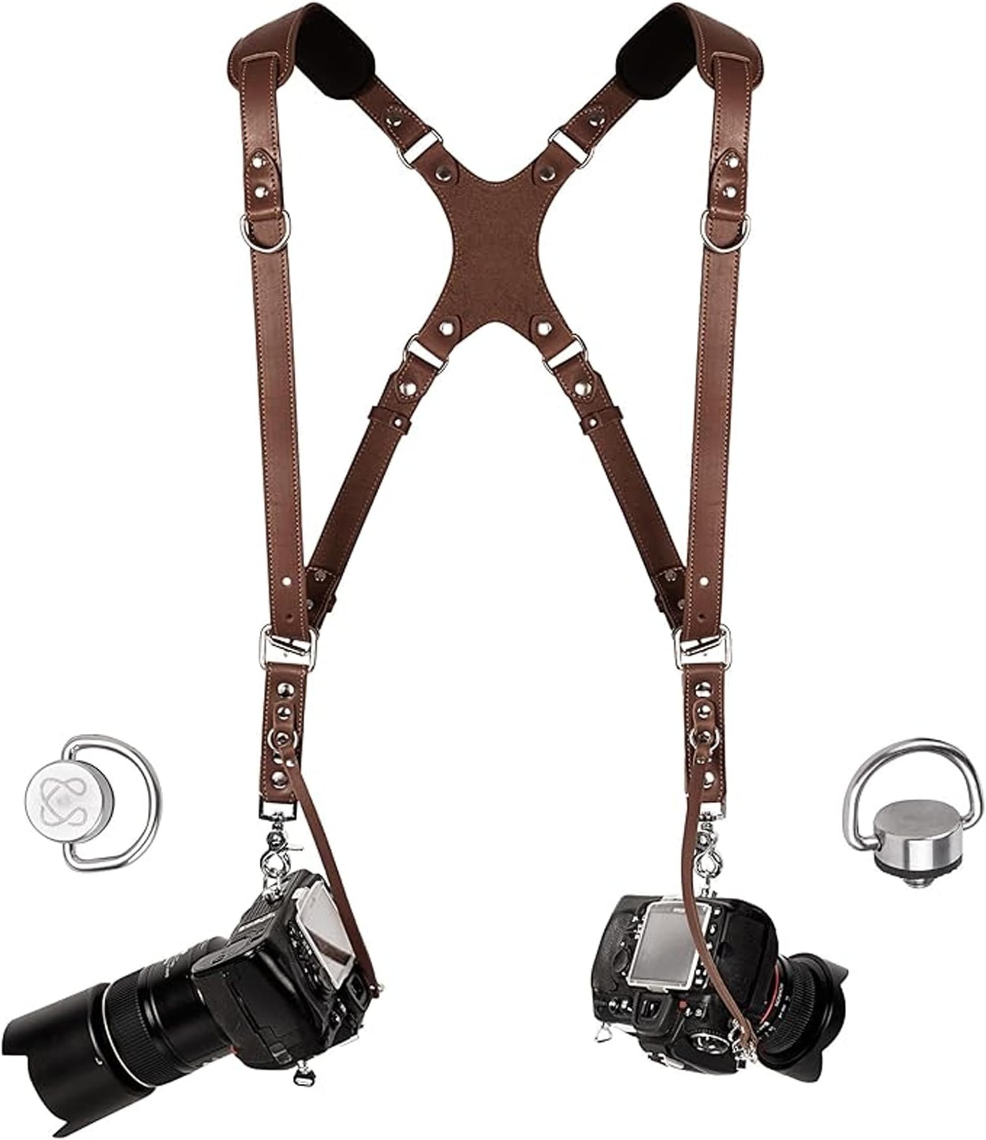 C Coiro Dual Shoulder Leather Camera Strap - Brown, Adjustable, Classic Style - Double Camera Harness for DSLR/SLR