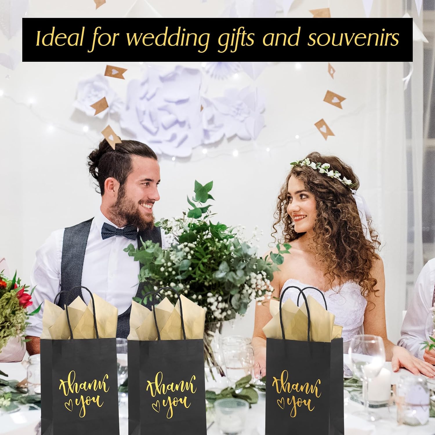 Yeaqee 50 Pcs Thank You Gift Bags with 50 Gold Wrapping Tissue Paper 5.9 x 8.3 x 3.1 Inch Black Paper Bags with Handles Wedding Favor Bags Gift Wrap Bags for Business Shopping Birthday