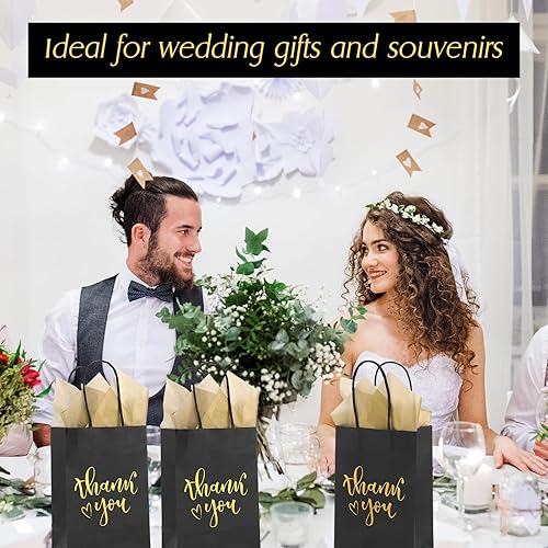 Miniatura 4 de Yeaqee 50 bolsas de regalo de agradecimiento con 50 papel de seda dorado de 5.9 x 8.3 x 3.1 pulgadas, bolsas de papel negro con asas, bolsas de