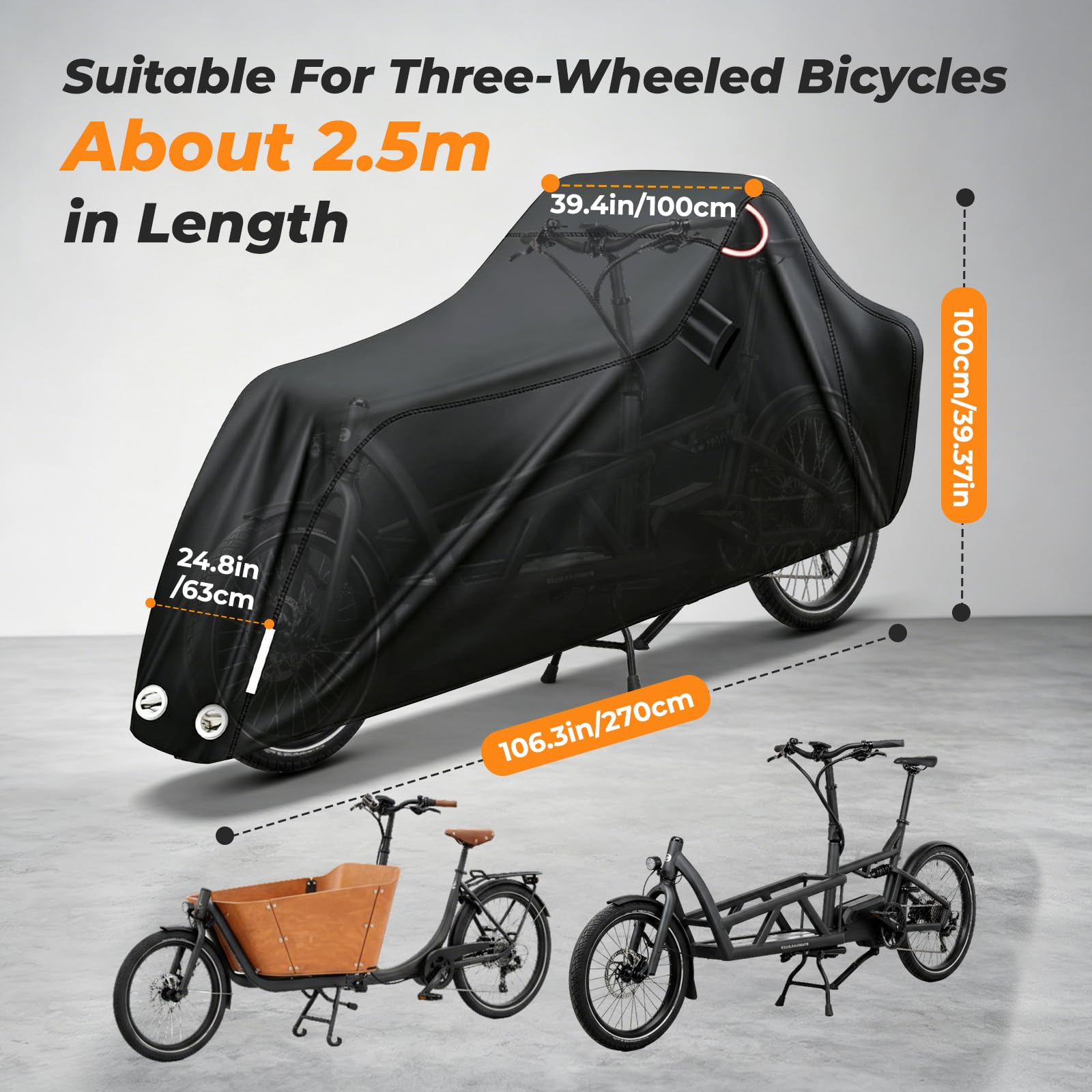 Housse de Protection Vélo Cargo, Tissu Oxford 420D Housse pour Vélo de Charge, 270*63*74*100cm, Exterieur avec Bandes Réfléchissantes, Imperméable à La Pluie, à La Neige