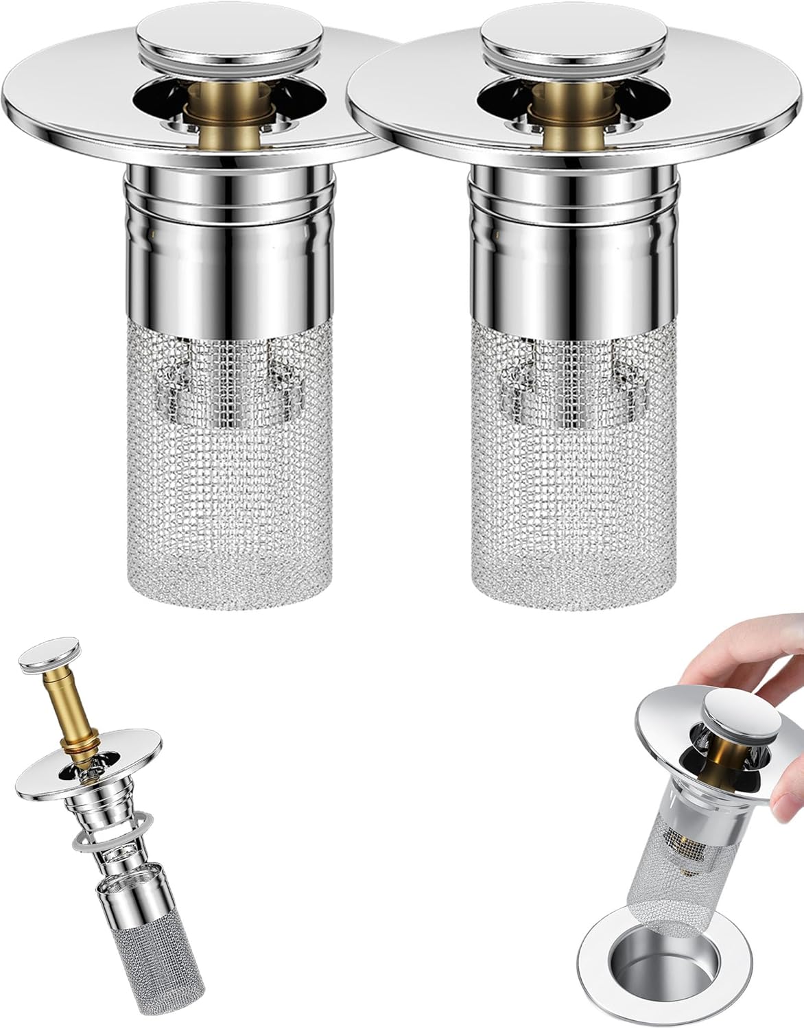 1/2/3/4pcs Bathroom Sink Drain Strainer, Bathroom Sink Stopper Hair Catcher, Pop Up Sink Drain Filter with Removable Stainless Steel Fil (2PCS,Hole ID for 1.10''-1.30'')