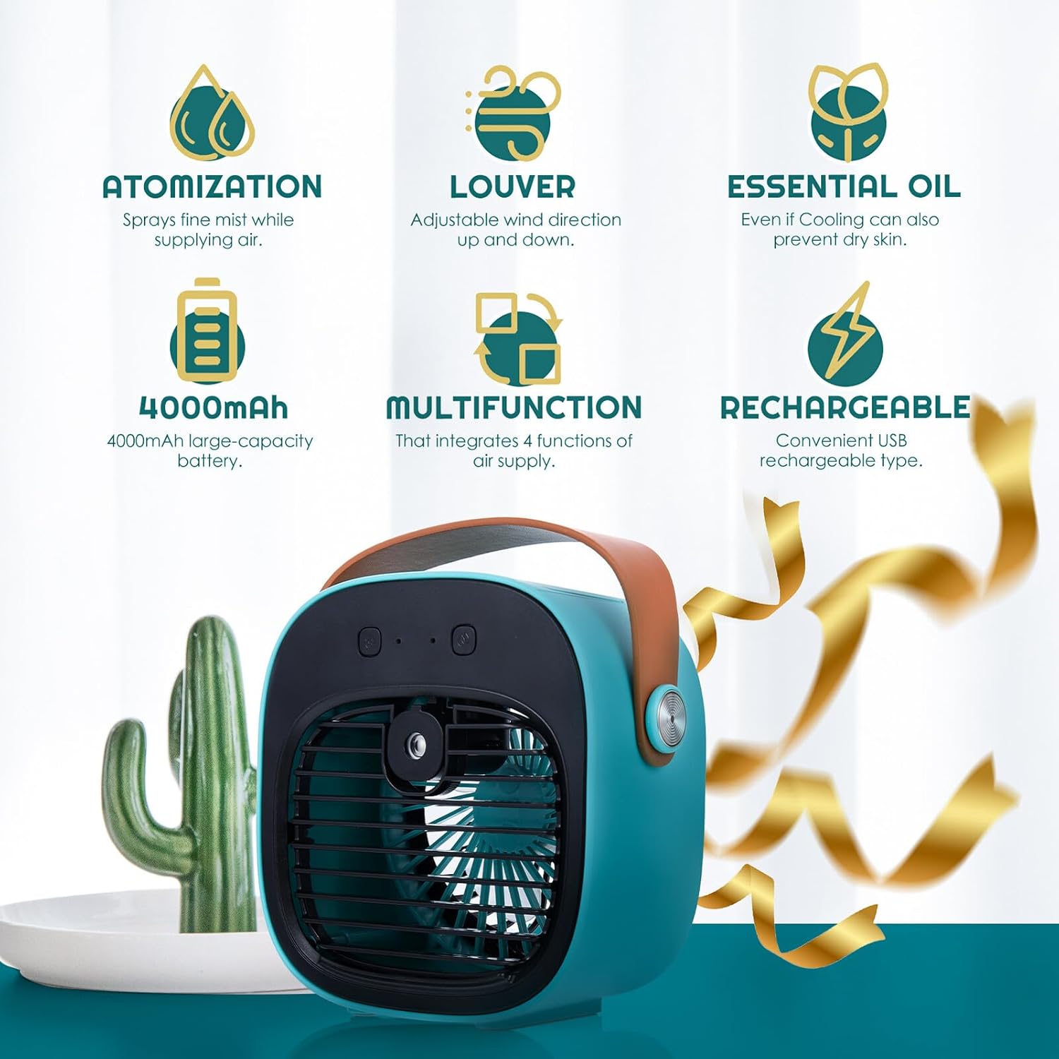 Uonlytech USB Table Cooling Fan with Misting Function, Mini Plastic Desktop Air Cooler for Office and Dormitory, Rechargeable Portable Air Circulator Fan in Blue