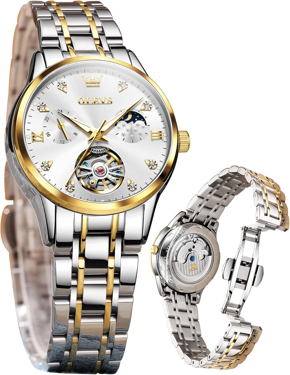 OLEVS Automatic Women Watches Diamond Tourbillon Dress Wrist Watches Moon Phase Waterproof Luminous