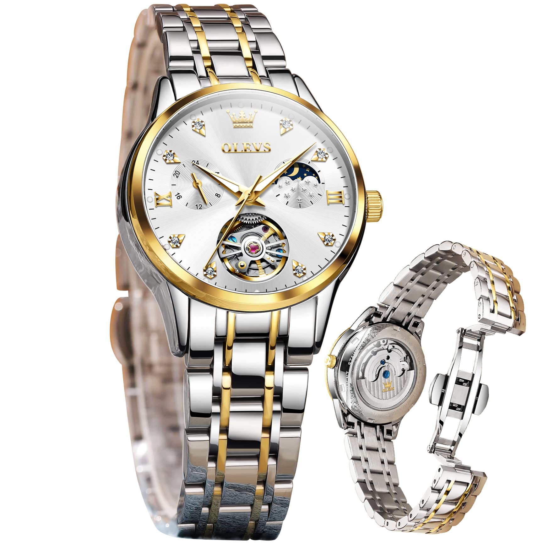 OLEVS Damenuhr Damen Automatik Mechanisch Skelett Luxus Diamant Elegant Edelstahl Wasserdicht Analog Original Silber Uhr