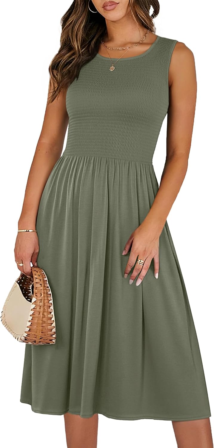 ANRABESS Womens Summer Casual Midi Dresses Sleeveless Smocked Elastic Waist Flowy Sundress 2026 Spring Beach Vacation Clothes