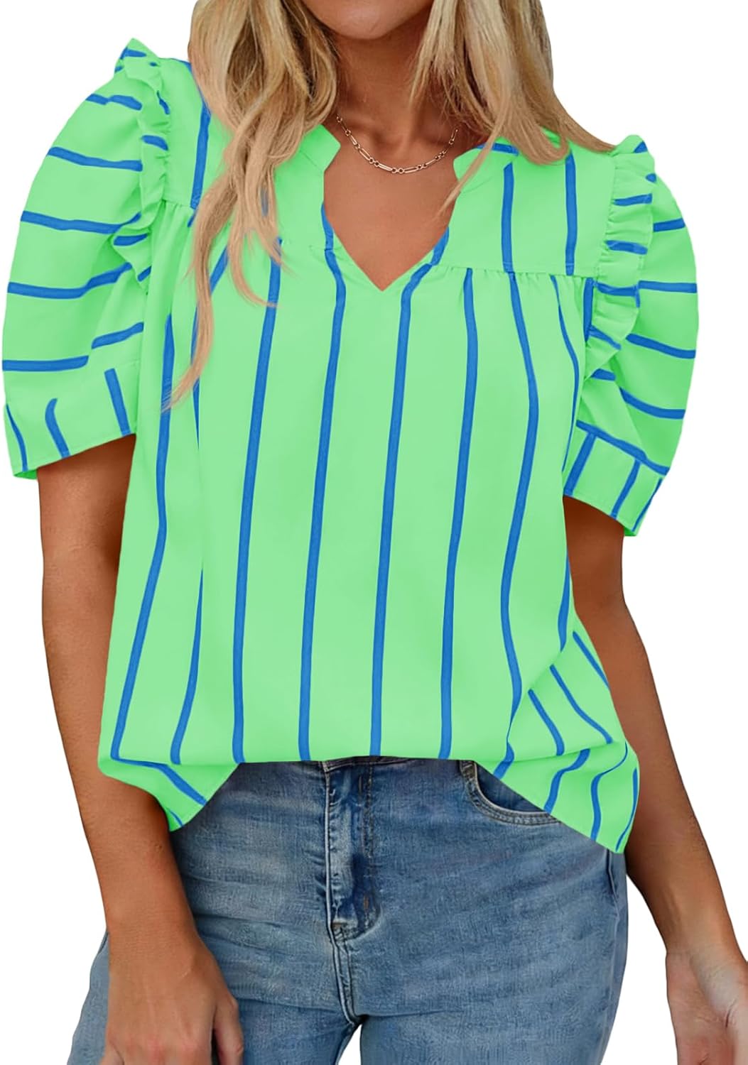 Tankaneo Womens Puff Sleeve Striped Blouses Dressy Casual V Neck Shirts Summer Trendy Loose Fit Tunic Tops