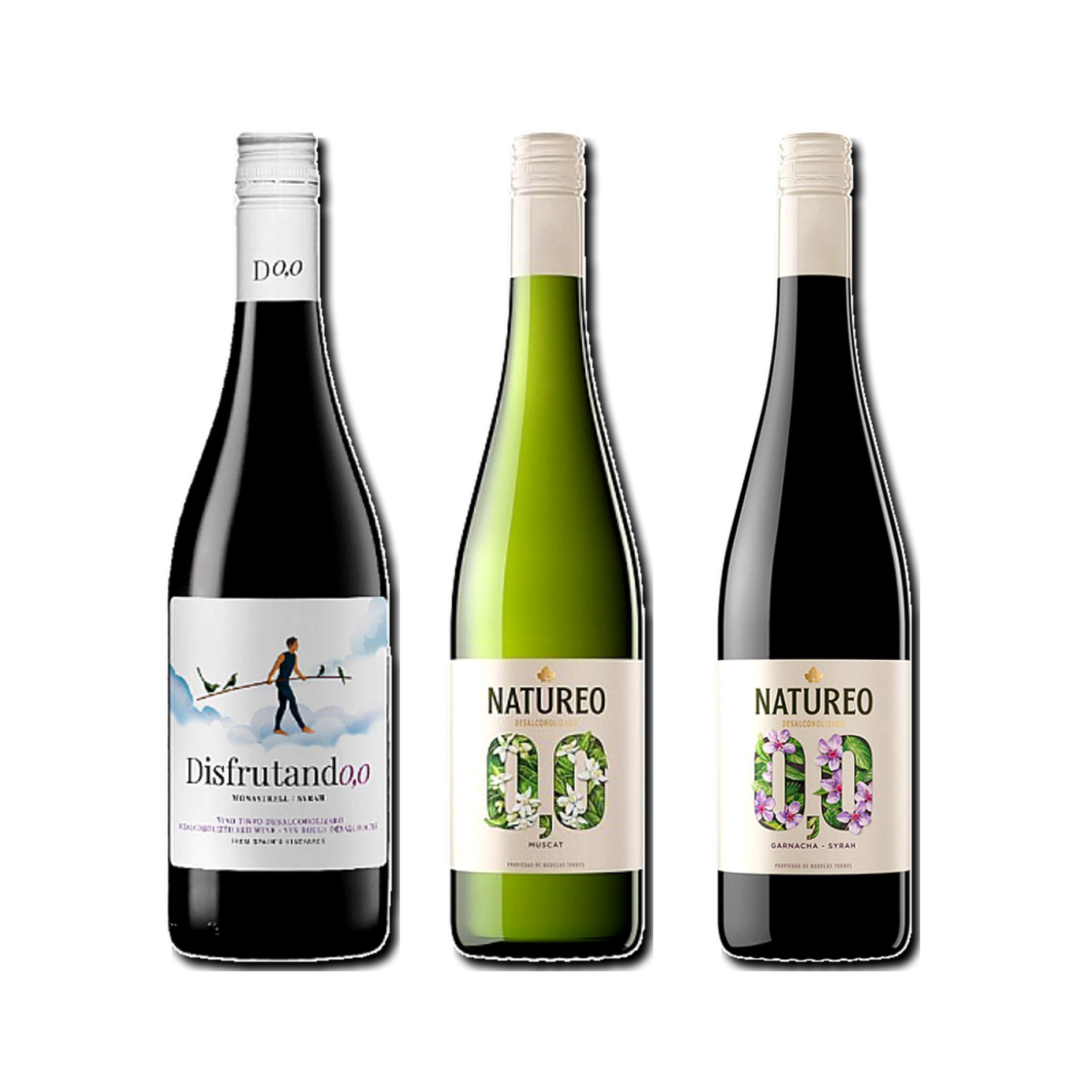 vino sin alcohol 0,0 Disfrutando 0,0 Tinto, Natureo Blanco Muscat y Natureo Tinto pack de 3 botellas 75cl