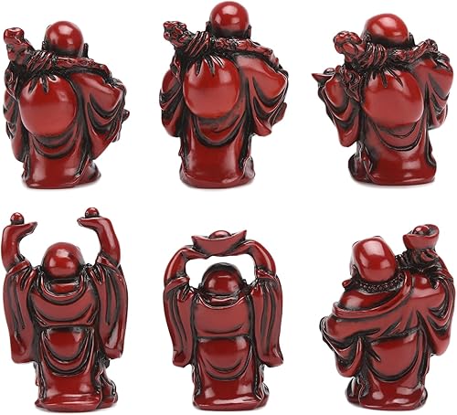 Miniatura 4 de BRABUD - Juego de 6 figuras de resina roja de Buda sonriente de 2.5 pulgadas, buen regalo y colección (rojo grande)