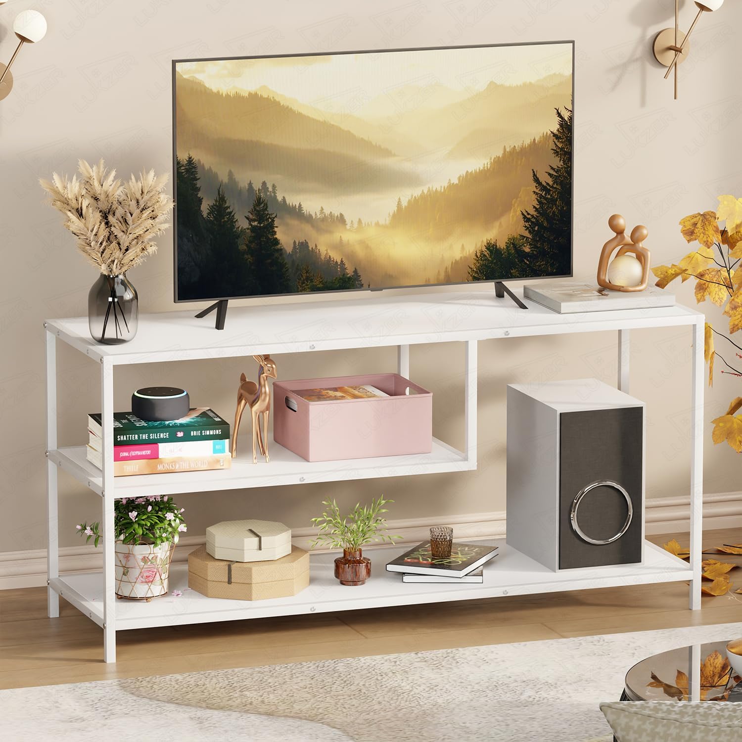 Lukzer Metal & Engineered Wood TV Unit Stand Ideal for TVs Up to 43 Inch | MTU-001/White & White | Open Shelves for WiFi Router, Set-Top Box, Speakers & Decor | Living Room Storage Rack Organizer-picture-29