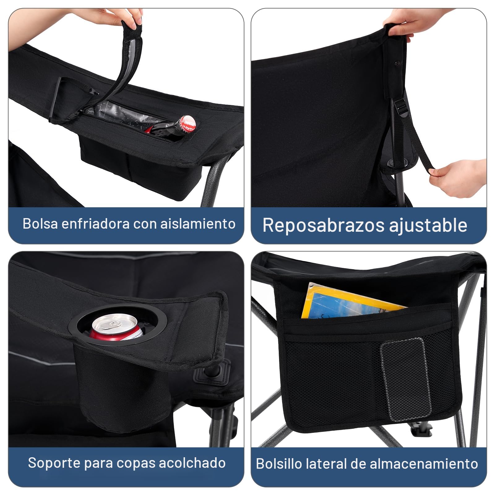 TIMBER RIDGE Silla Camping Plegable 200kg Acolchada Ancho Asiento 63cm con Portavasos Bolsa Térmica para Playa Jardín Pesca Balcón Acampar