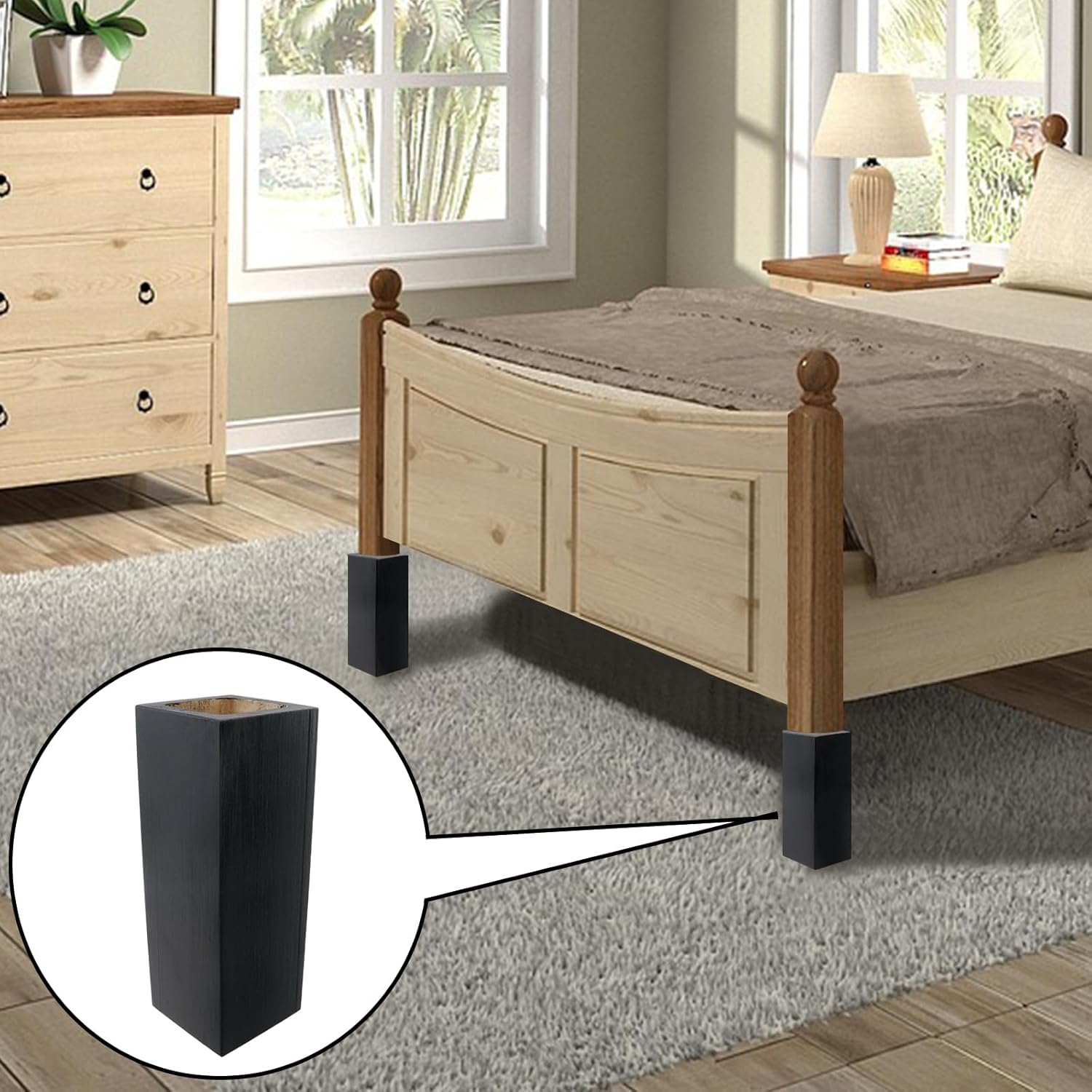 Cuboid Pine Wooden Square Holes Risers, Black Heavy Duty Wood Riser Extender Fit Inner Hole 1.97" Increase Height 5.91" for Couch Sofa Desk Legs Furniture Table Bed 4Pcs