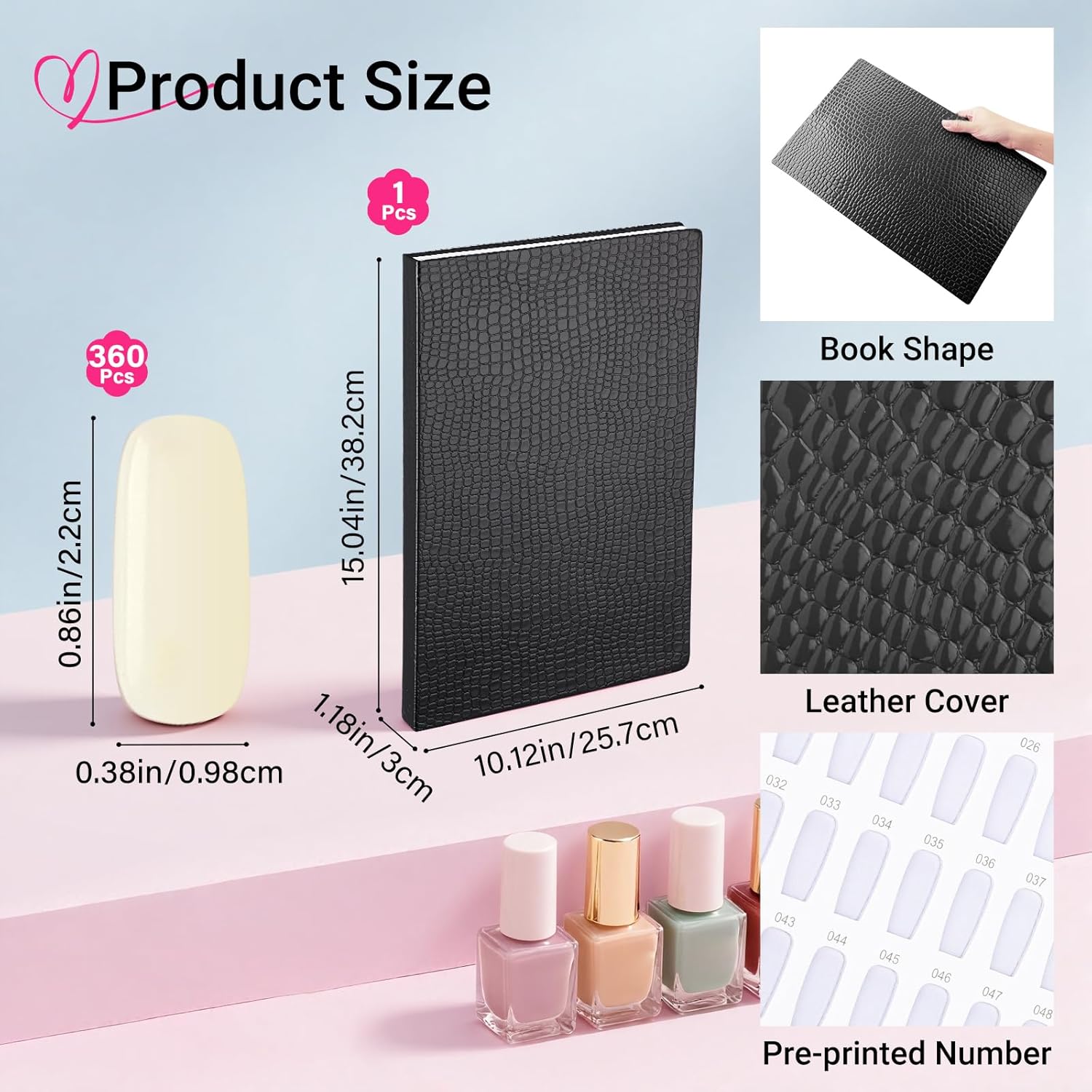 Segbeauty 308 Color Nail Sample Book Organizer, Black Nail Polish Display Book Swatches, Fake Nails Color Swatches with 360 False Tips, Art Salon Gel Nails Polish Display Case Boxes Holder Container