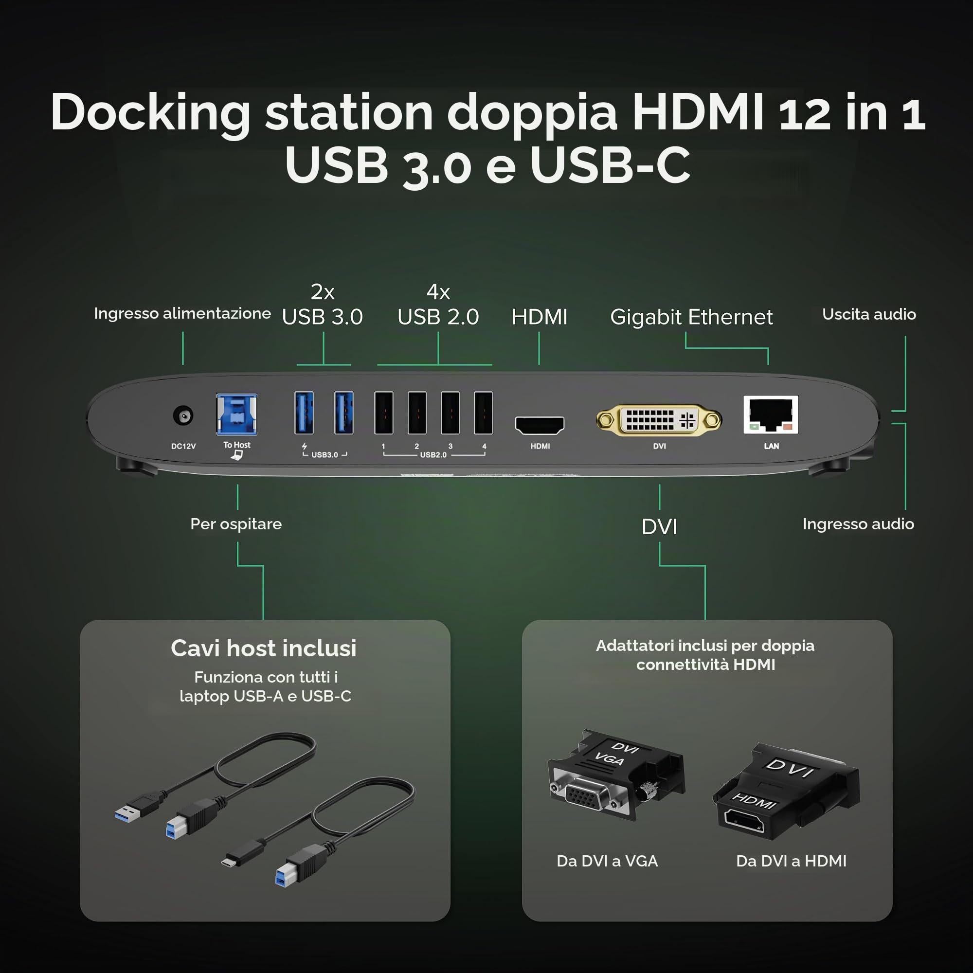 Plugable USB 3.0 Docking Station Orizzontale Doppio Monitor per Windows e Mac (Doppio Video HDMI e DVI/VGA, Gigabit Ethernet, Audio, 6 Porte USB)