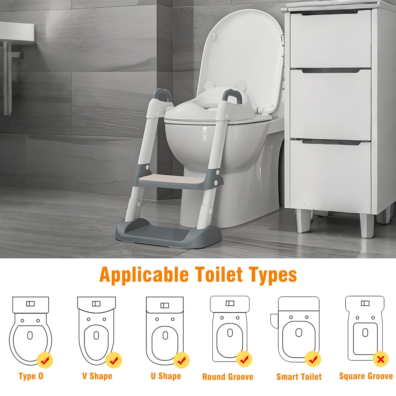 2 en 1 Reducteur Toilette Enfant avec Antidérapant Escalier & Coussin Moelleux, Rehausseur Toilettes Bebe Hauteur Réglable,Siège WC Antidérapante,Adaptateur Tabouret Pliable pour Toilettes Forme V,U,O