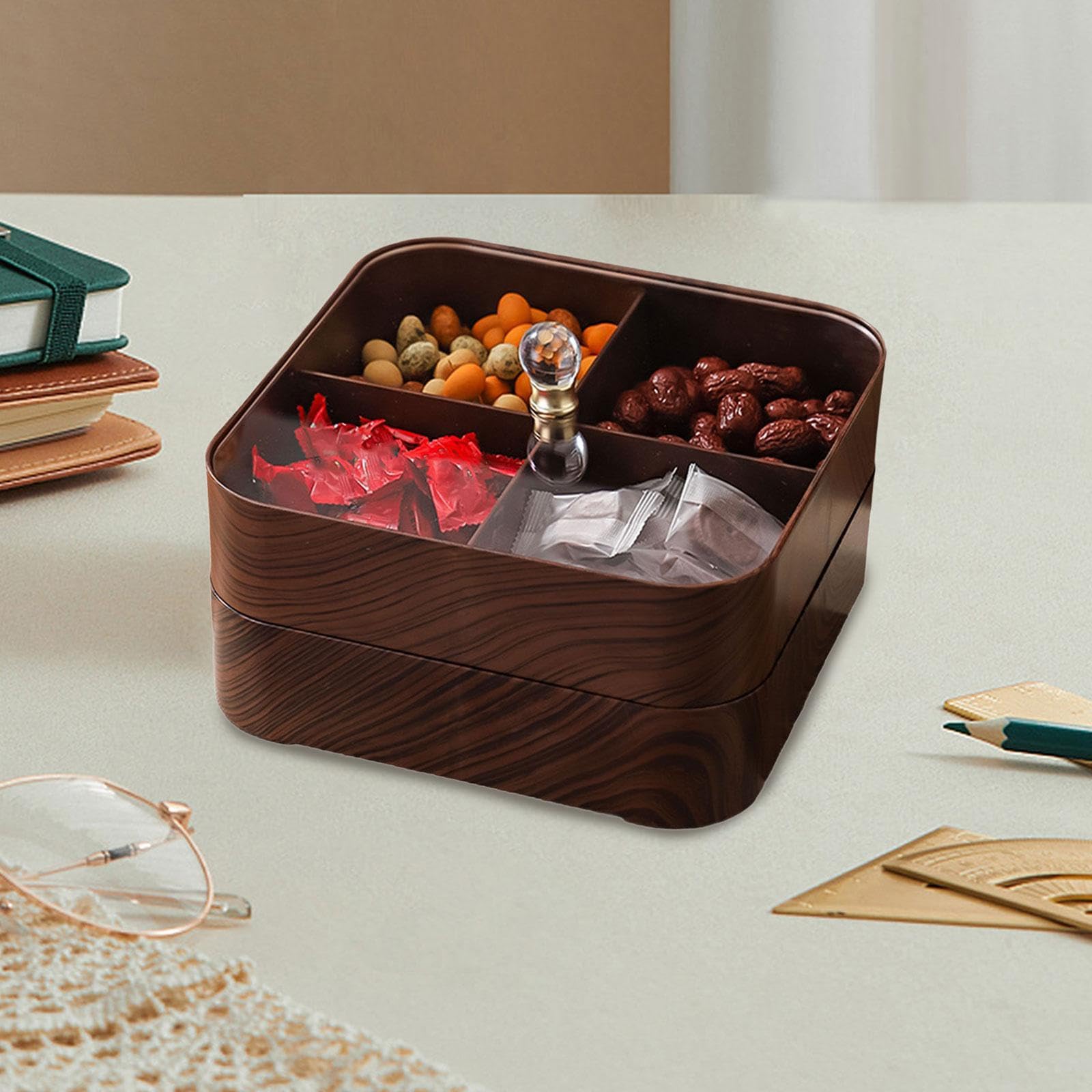 Snack Organizer Elegante Bandeja Organizadora con Tapa Plato Dividido para Frutas Secas Caja Decorativa Imitación Madera Adecuado para, Sin tazones, Individual