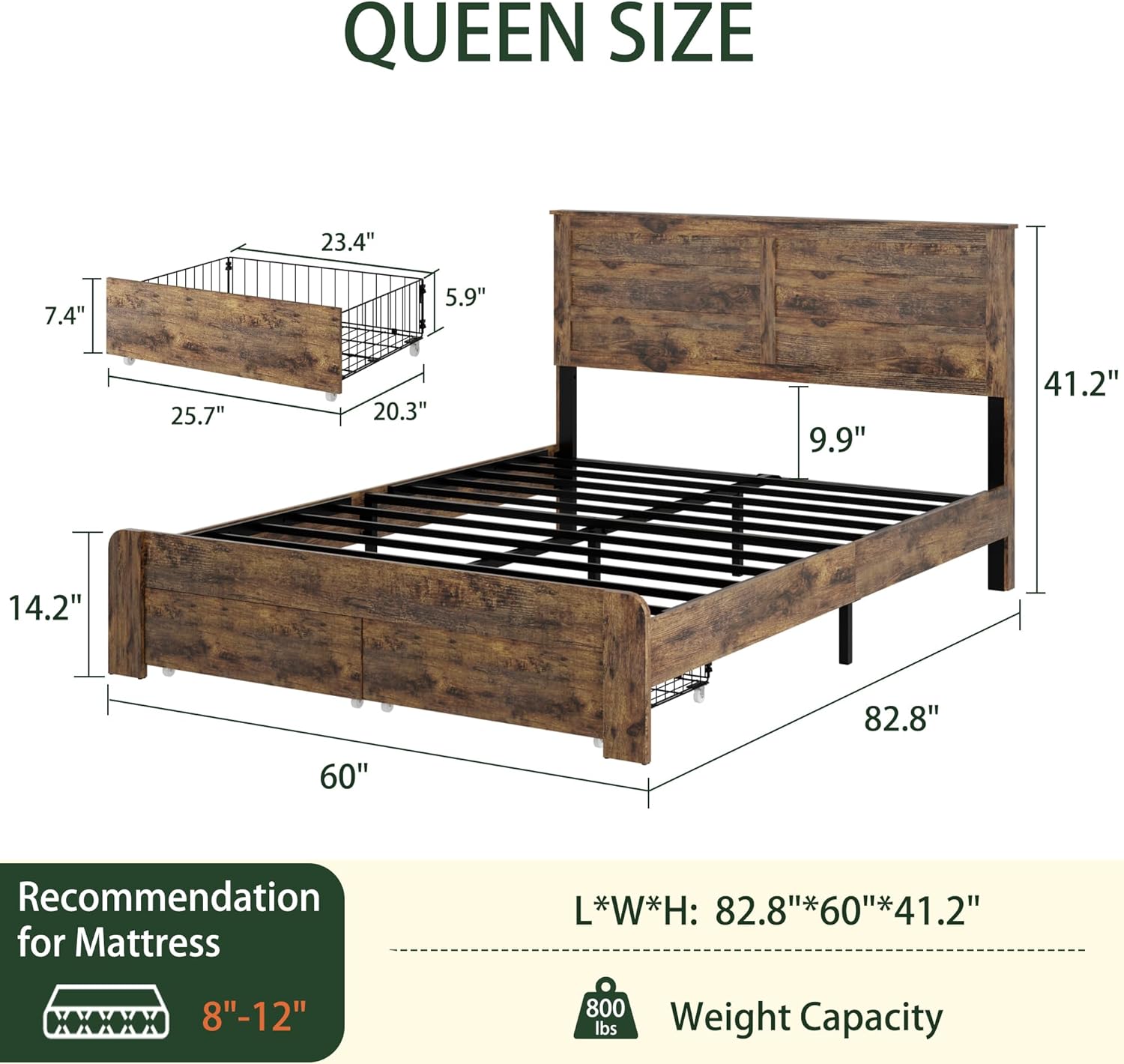 Wooden Bed Frame with Storage Drawers, LED Headboard & Charging Station, Wood Platform Bed Frame with Tall Headboard, No Box Spring Needed, Queen Size, Brown