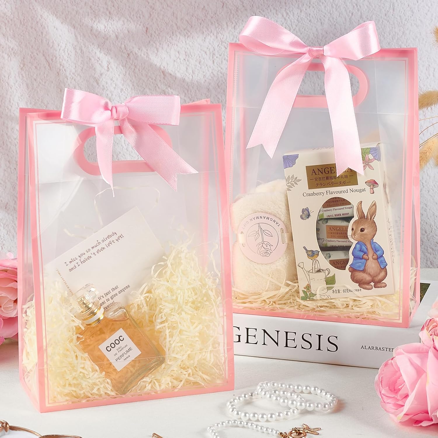 Ohuimrt 12 Pack Clear Plastic Gift Bags with Handles, Reusable Party Favor Bags with Ribbon for Birthday, Wedding, Bachelorette Party, 10.2 x 7.1 x 3.1 Inch (Pink) - Image 5