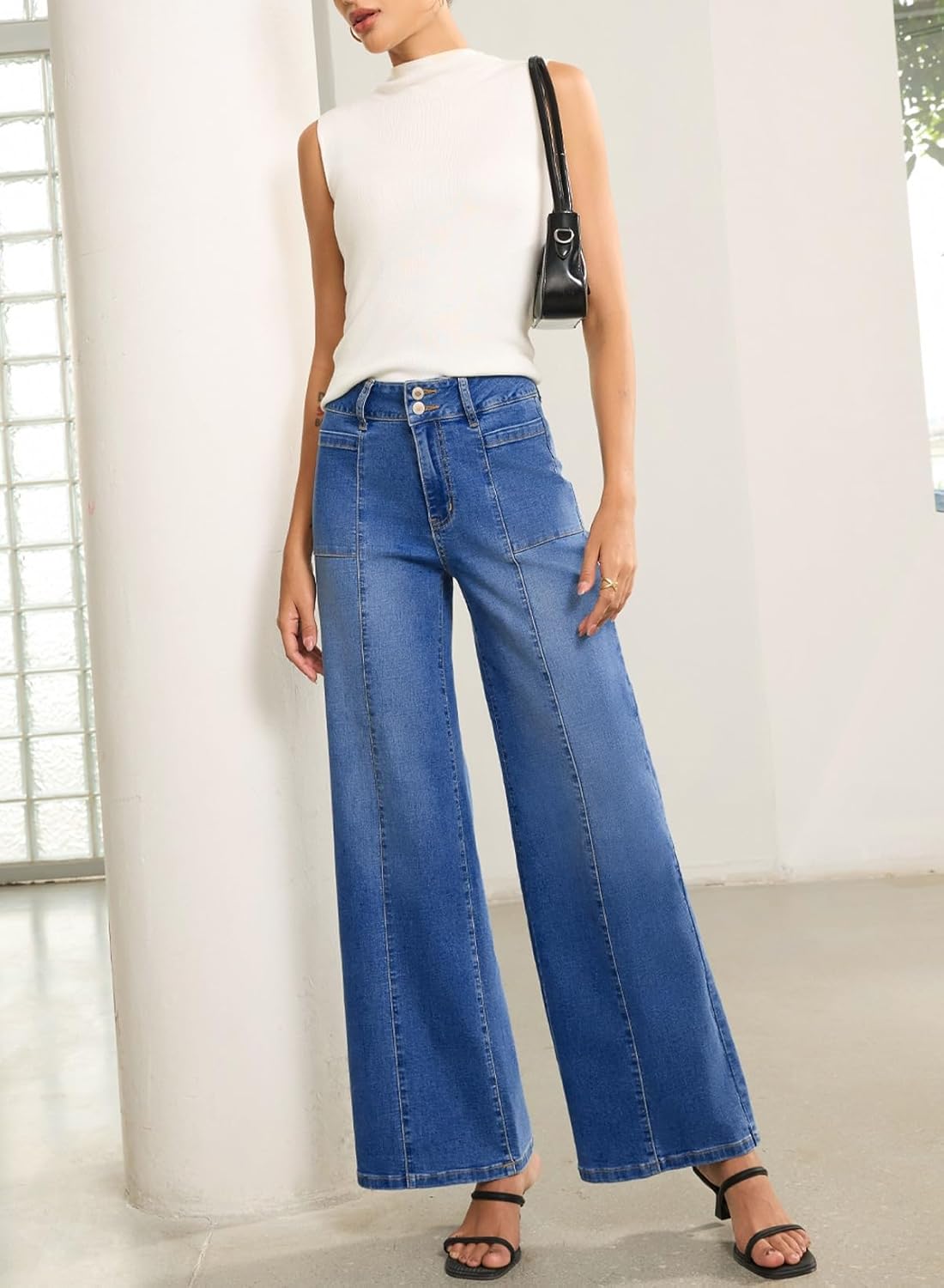 Sidefeel Womens Wide Leg Baggy Jeans High Waisted Tummy Control Stretchy Loose Fit Ankle Denim Jeans - Image 5