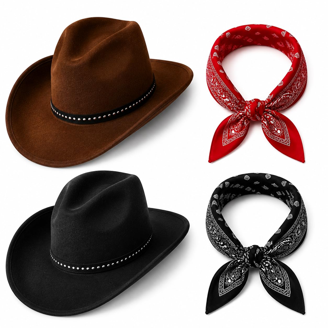 Vibbang 4 PCS Cowboy Hat Felt Western Unisex, Cowboy Hat Women, Cow Boy Hats with Bandana Scarf Hat Set, Texas Texan Fancy Dress Costume Accessories for Women Men Halloween Birthday Cosplay Party
