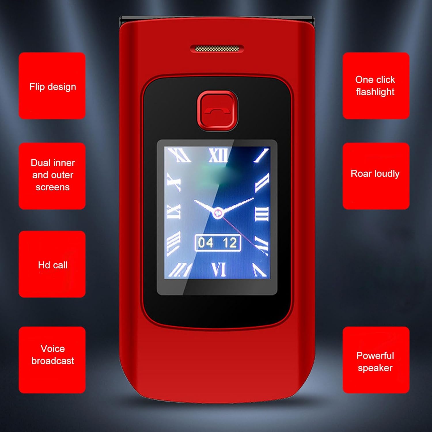 Red YEEMI K21+ flip phone closed, with icons and text listing features like flip design, dual screens, HD call, voice broadcast, flashlight, loud speaker