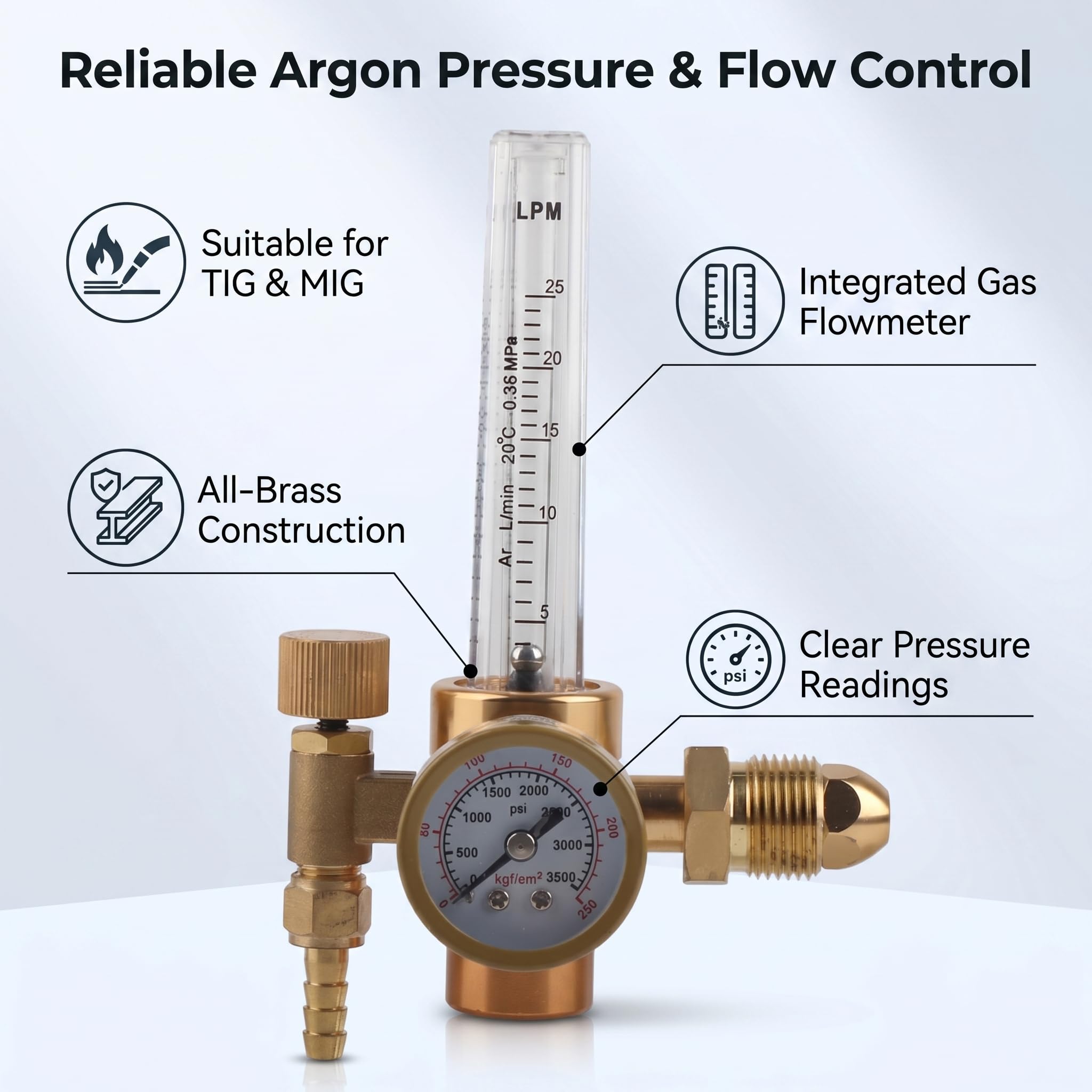Regulador de Caudalímetro de Argón, Medidor de Gas de Latón PC + H59, Regulador de Soldadura con Manómetro Adecuado para Cilindro de Gas de Soldadura por de Argón TIG M12 X 1