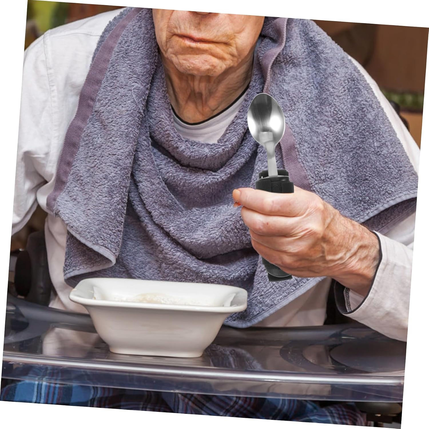 Adaptive Spoon with Handle for Elderly Disabled Skid Design for Hand Grip Strength Loss Lightweight Convenient Utensil with Cuff