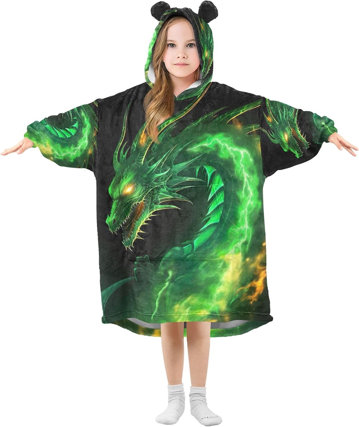 Dragon Wearable Blanket Hoodie for Kids, 3-14 YR Girl Boy Sherpa Blanket Sweatshirt With Pocket