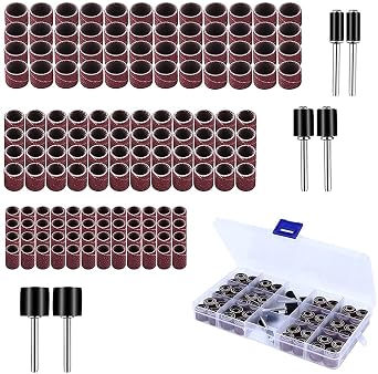 150 Pieces Drum Sander Set, Including 144 Pieces Nail Sanding Band Sleeves80 / 120Grit and 6 Pieces Drum Mandrels for Dremel Rotary Tool