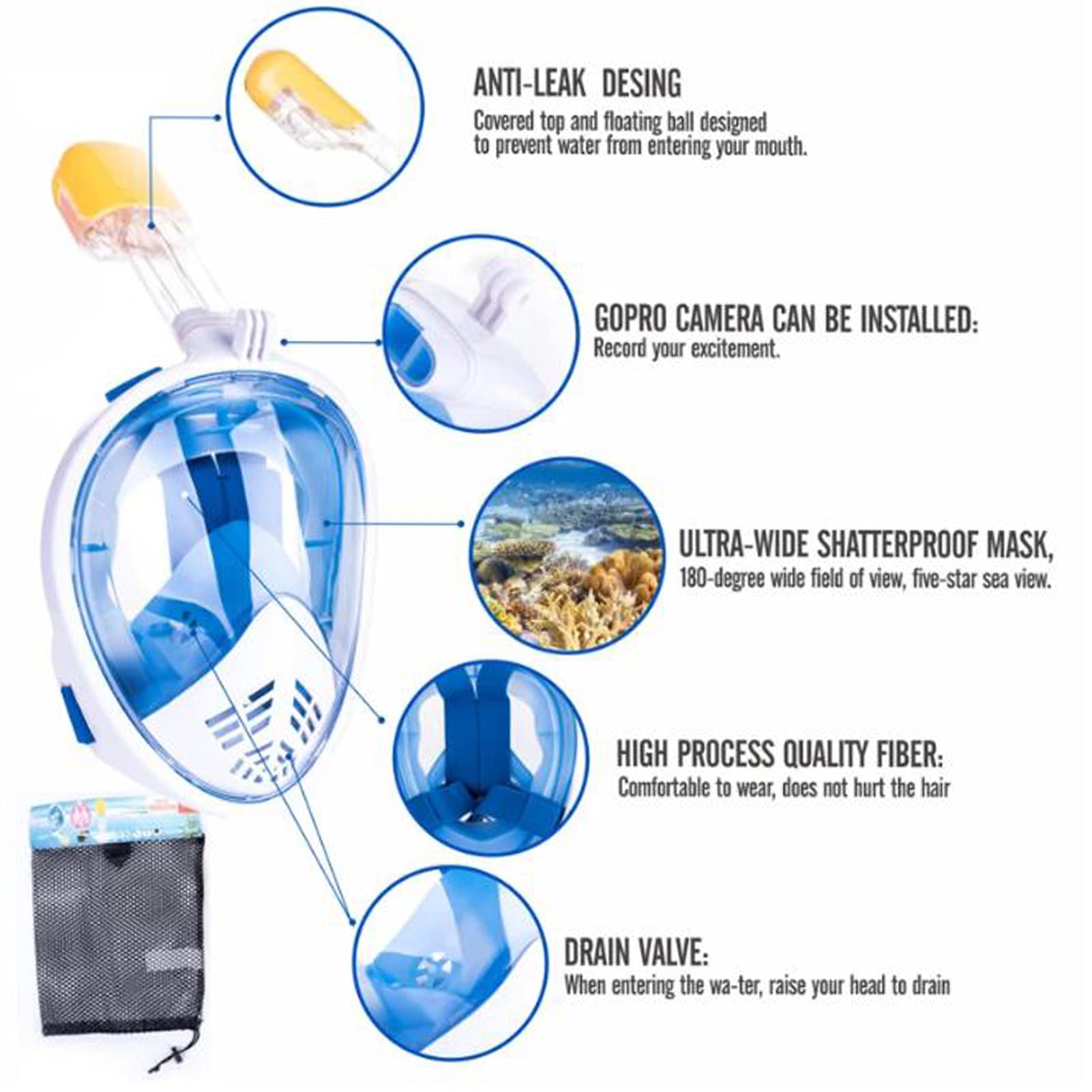 Maschera da snorkeling, anti-nebbia, anti-perdite con vista a 180°, maschera da snorkeling per adulti e bambini