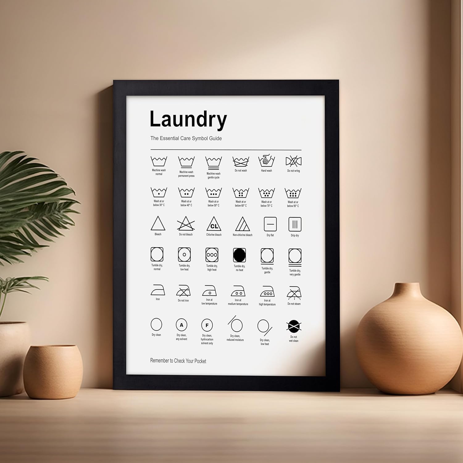 Poster Master 2-Piece Essential Guide for Laundry Print - Stain Removal Poster - Infographic Art - Black & White Design - Symbols & Instructions Art - Laundry Room Decor - 16x20 Black Framed
