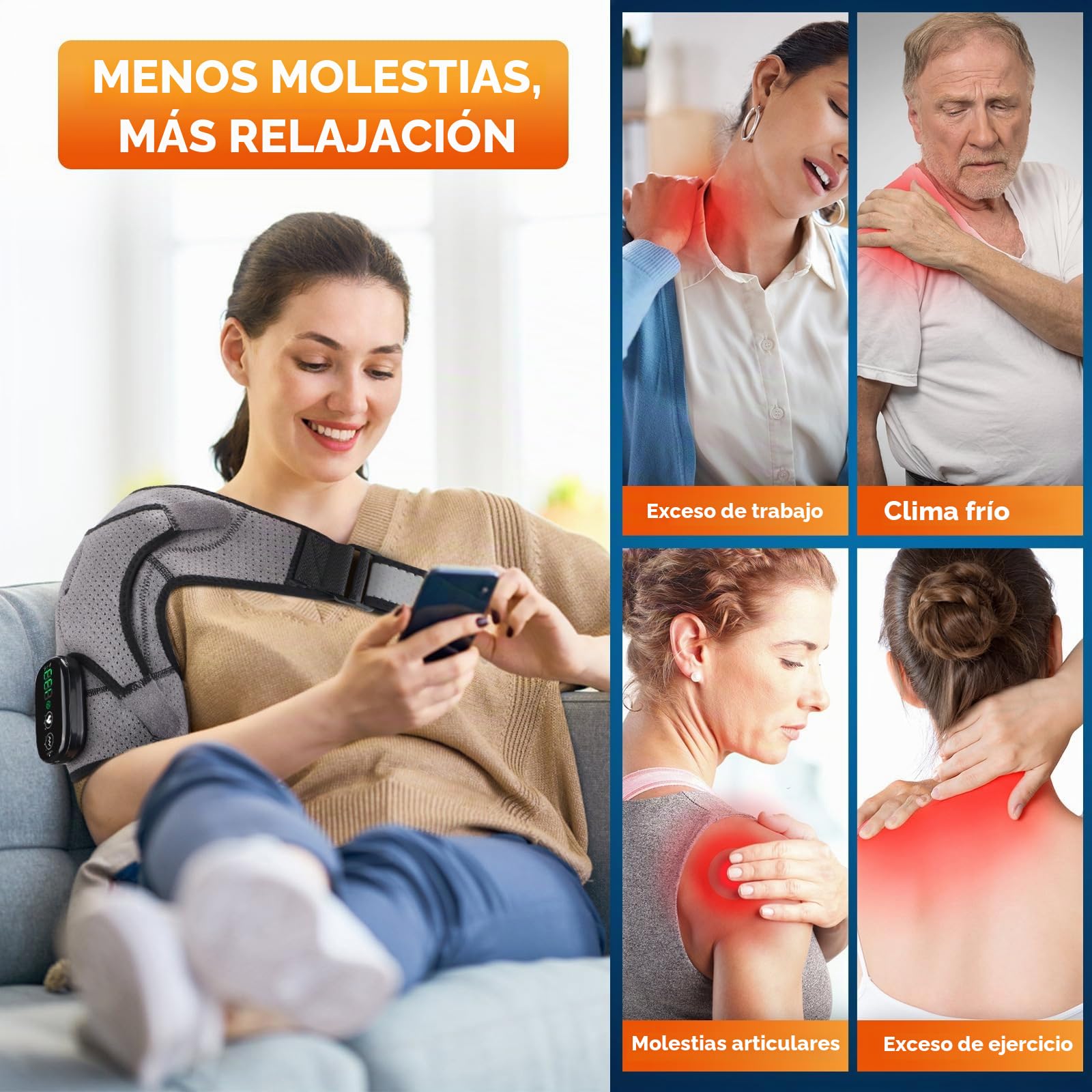 Soporte de Hombro Inalámbrico con Calefacción, Almohadilla Masajeadora para Hombros Térmica,Hombrera Térmica Con 3 Niveles De Calor Y Vibración para hombres y mujeres (Gray)