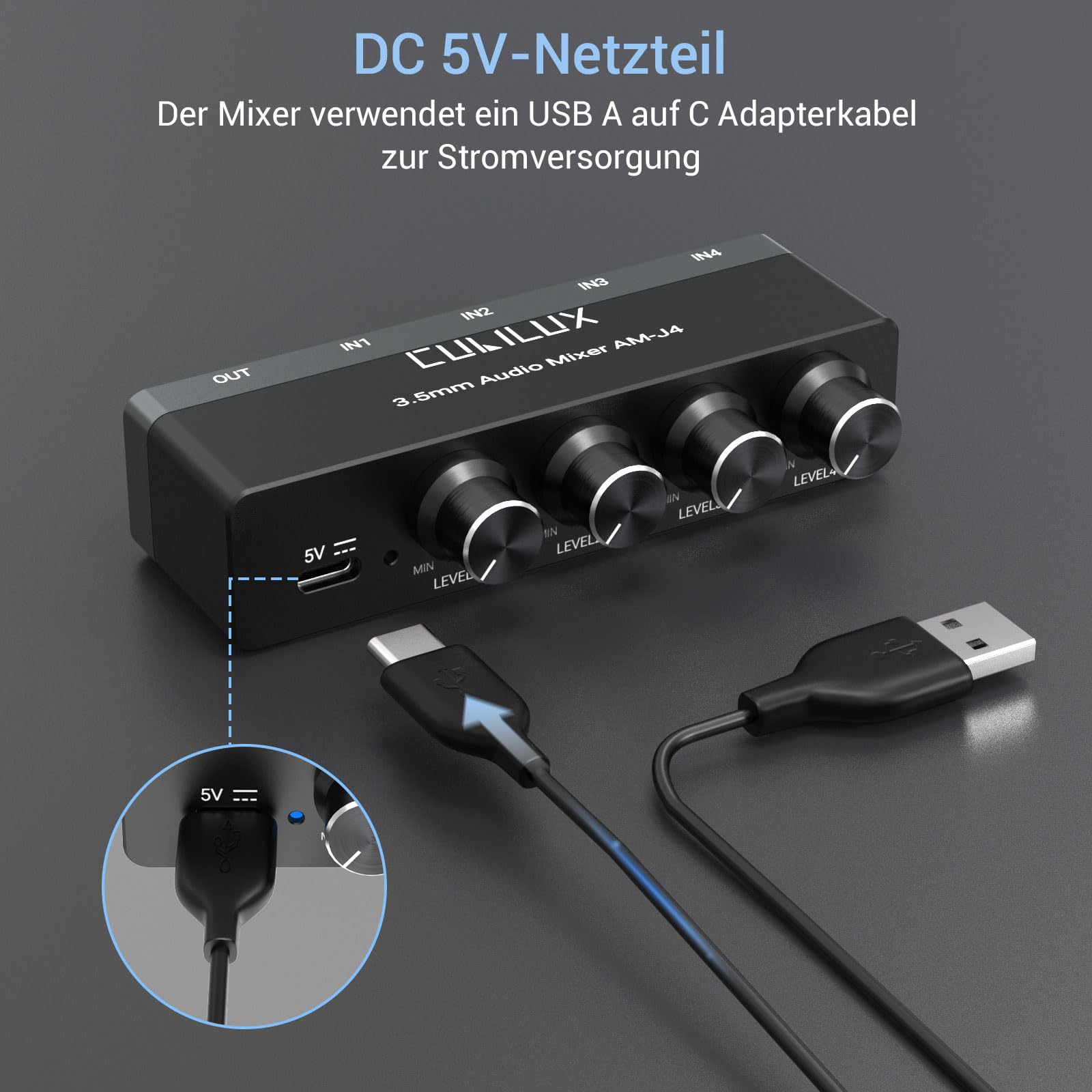 Cubilux 4 Kanal 3,5mm Audio Mixer, Extrem rauscharmer Mini Audio Mixer für Sub-Mixing, 1/8 TS/TRS-Eingang, Stereo-Umschalter, geeignet für Gitarren, Bass, Keyboards