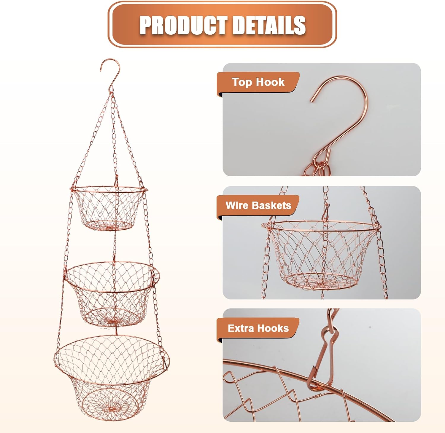 Hanging Fruit Basket – 3 Tier Hanging Baskets for Kitchen – Heavy Duty Wire Fruit and Vegetable Basket with Hooks, Copper Finish 32 Inches Kitchen Organizer, Storage Rack, Durable Iron
